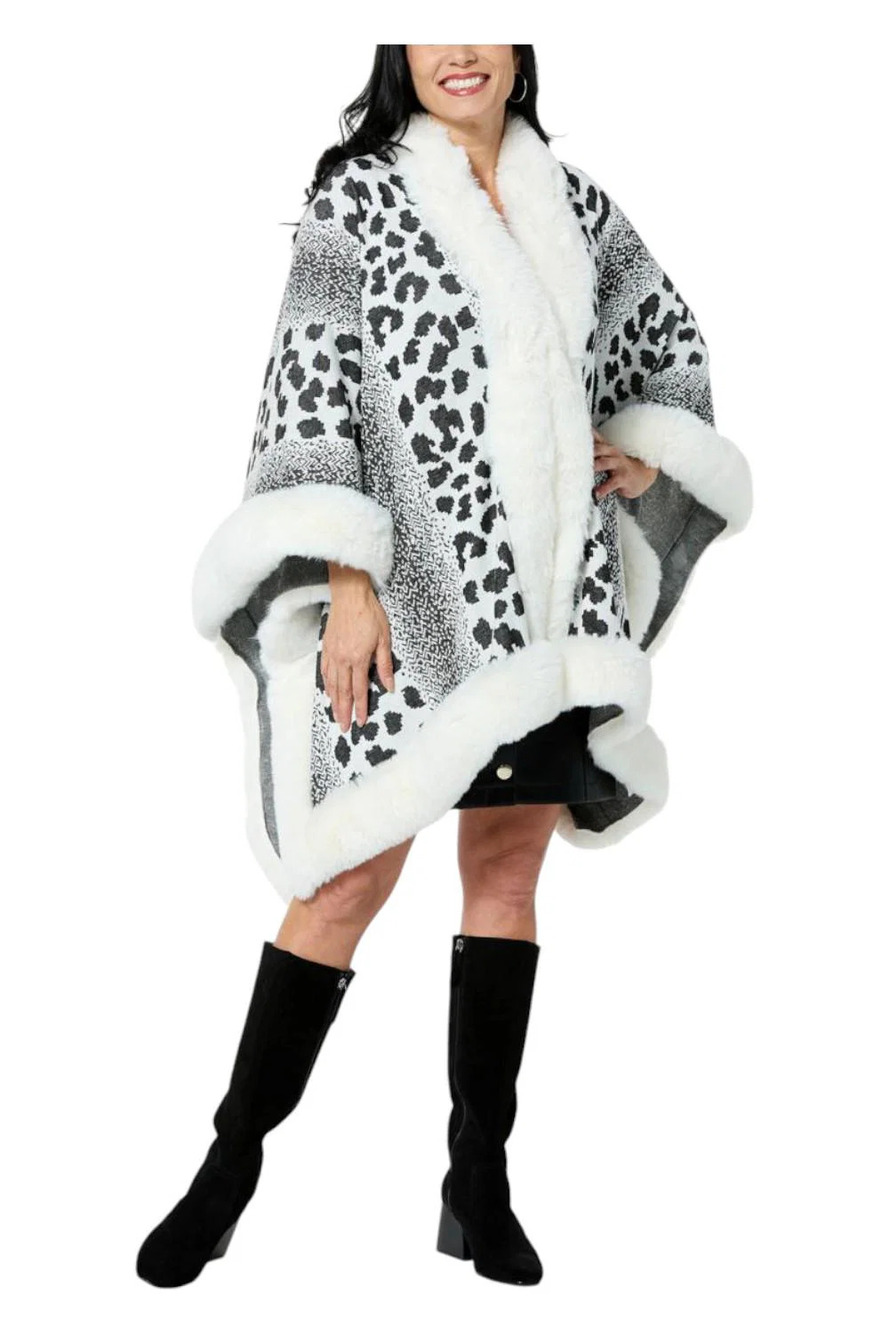 kathy ireland Women's Fashion 360 Skies FauxFur Trim Cape White Combo - Plus